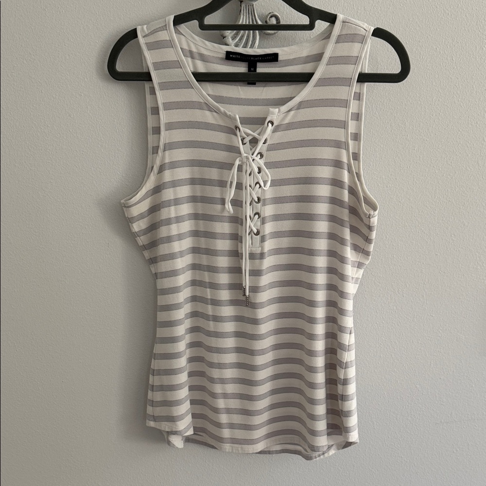 White House Black Market Gray Striped Lace-Up Tank Top
